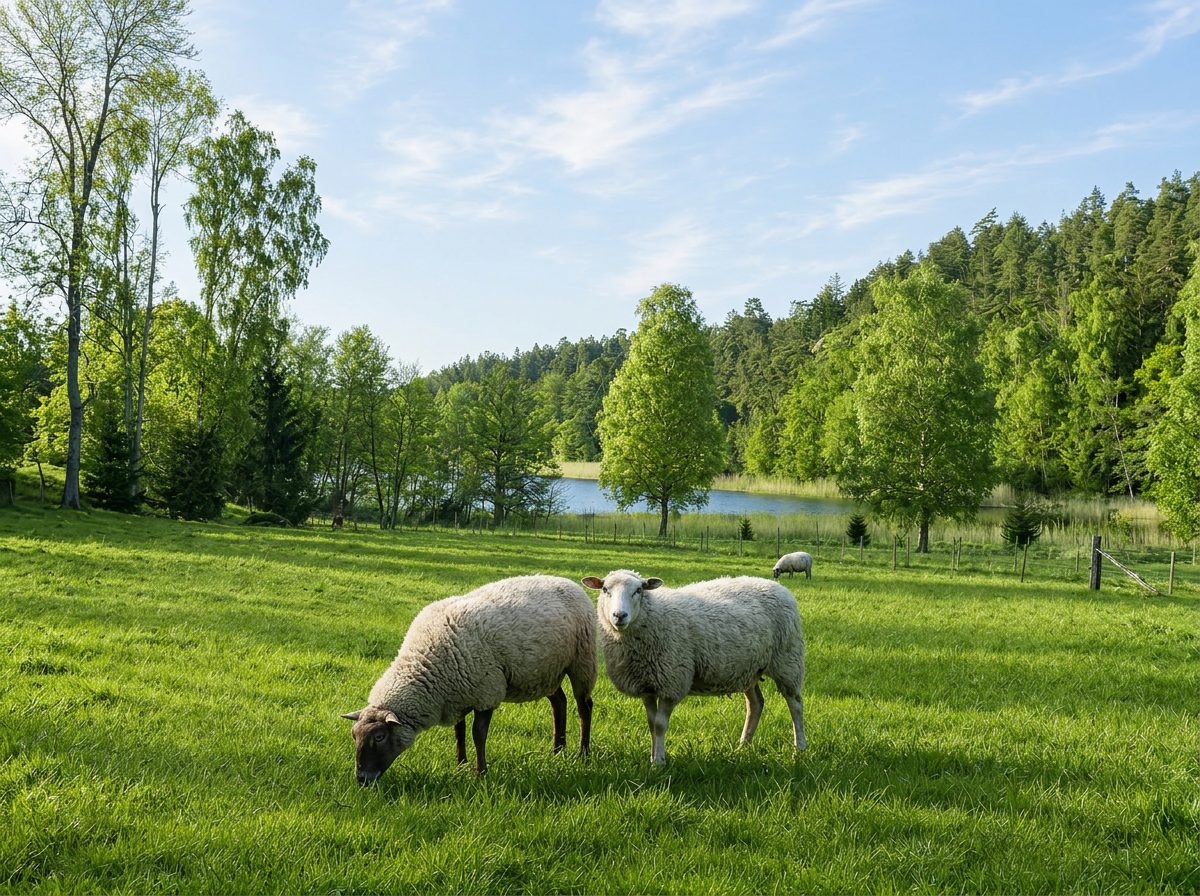 Får som betar på äng med sjö och skog i bakgrunden