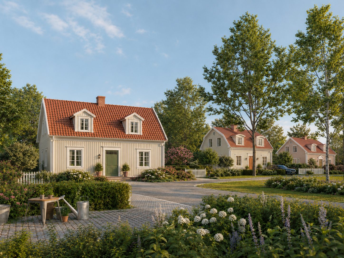 Småskaliga fristående hus med trädgårdar och bevarade träd